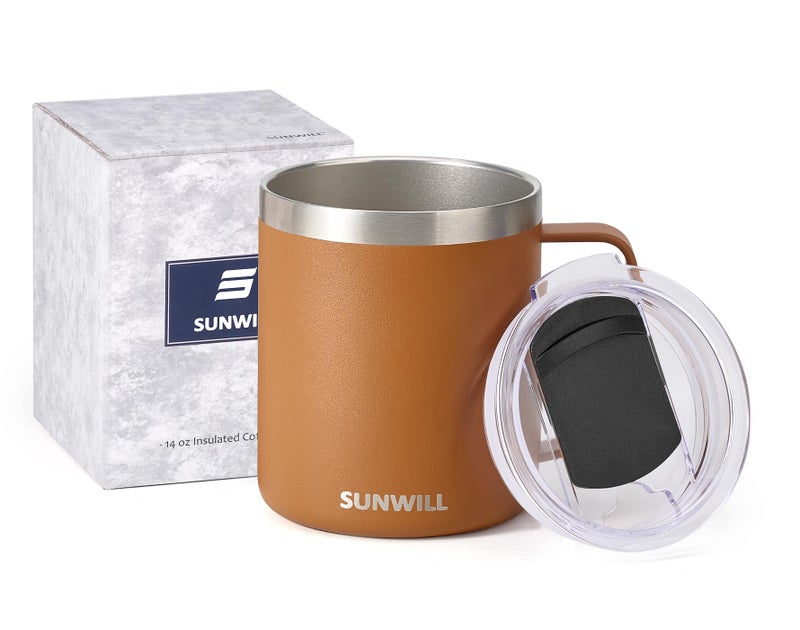 SUNWILL Insulated Coffee Mug with Lid, Travel Tumbler with Handle, 14 oz Stainless Steel Cup for Camping, Office, Home, Powder Coated Caramel - Image 5